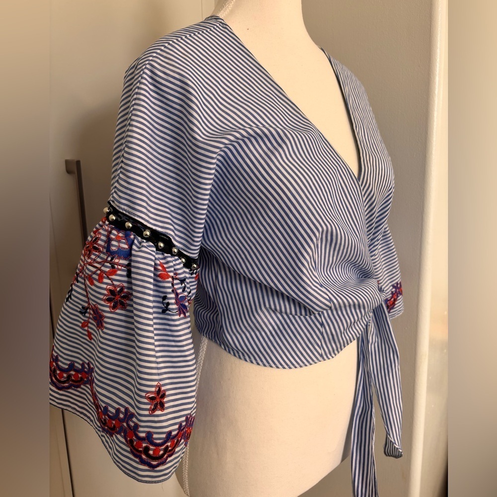 Topshop Blue Striped Blouse with Embroidered Sleeves - Picture 5 of 7